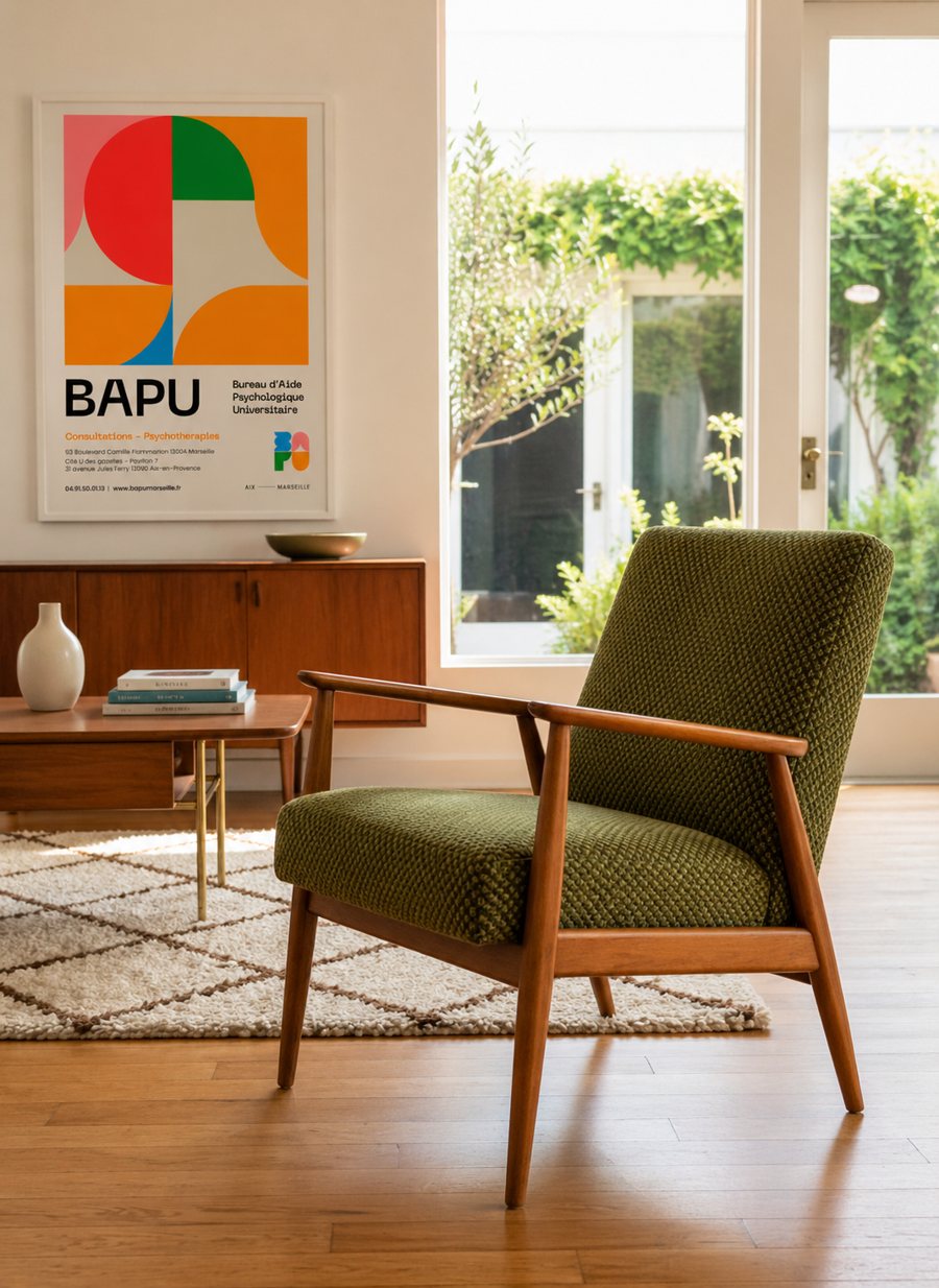 Salle de consultation du BAPU — fauteuil et affiche